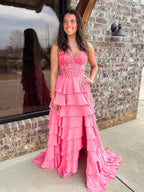 Sparkly Coral Sweetheart Tiered Long Prom Dress