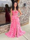 Sparkly Coral Sweetheart Tiered Long Prom Dress