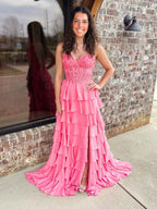 Sparkly Coral Sweetheart Tiered Long Prom Dress