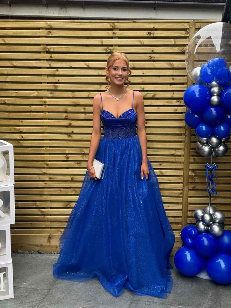 Royal Blue Beaded Long Prom Dress With Corset Bodice And Spaghetti Straps