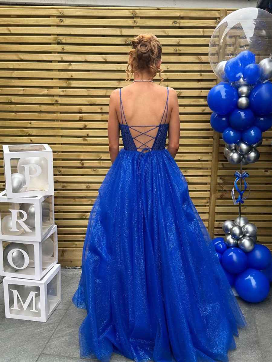 Royal Blue Beaded Long Prom Dress With Corset Bodice And Spaghetti Straps