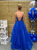 Royal Blue Beaded Long Prom Dress With Corset Bodice And Spaghetti Straps