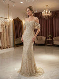 Sparkly Champagne Beaded Off Shoulder Mermaid Long Prom Dress