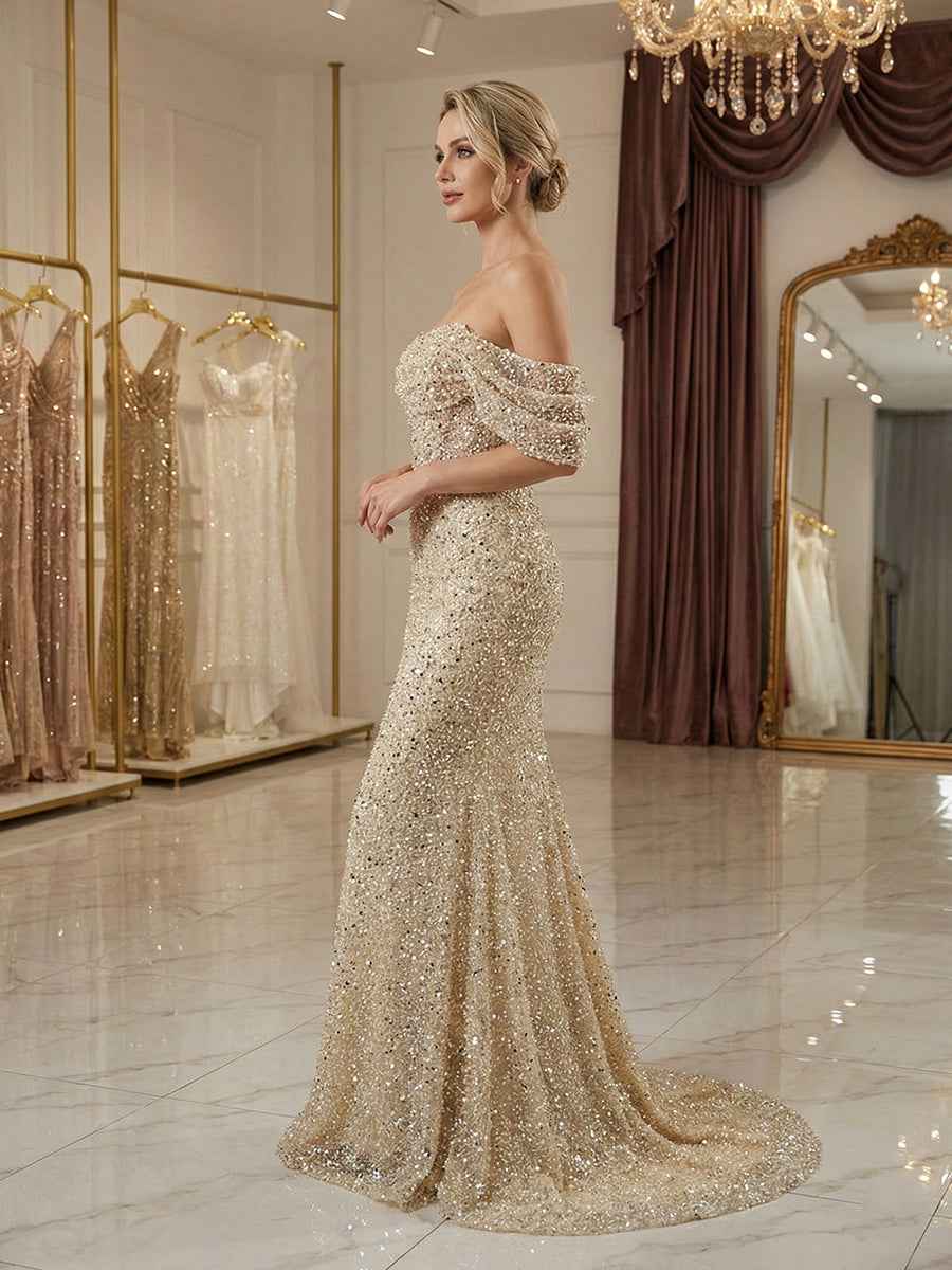 Sparkly Champagne Beaded Off Shoulder Mermaid Long Prom Dress