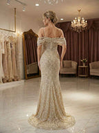 Sparkly Champagne Beaded Off Shoulder Mermaid Long Prom Dress