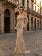 Sparkly Gold Off Shoulder Beaded Mermaid Corset Prom Dress