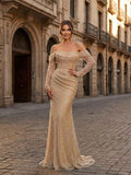Sparkly Gold Off Shoulder Beaded Mermaid Corset Prom Dress