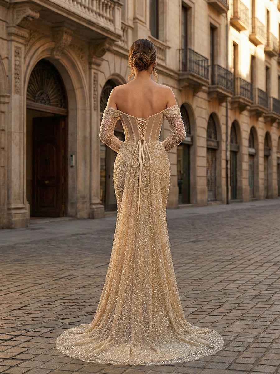 Sparkly Gold Off Shoulder Beaded Mermaid Corset Prom Dress