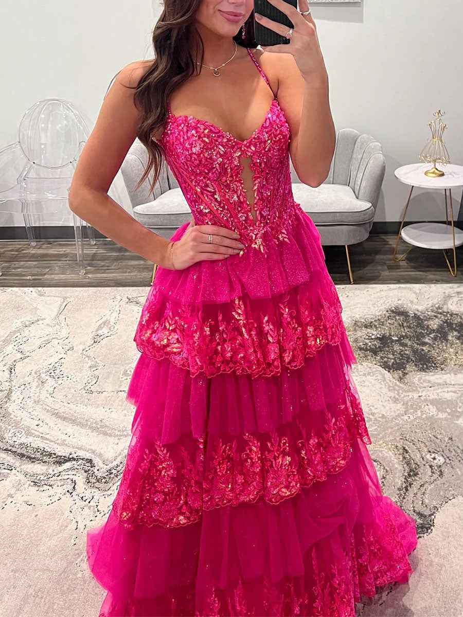 Hot Pink Tiered Prom Dress With Slit And Sparkling Floral Embroidery