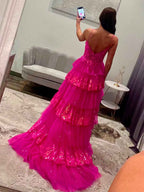 Hot Pink Tiered Prom Dress With Slit And Sparkling Floral Embroidery