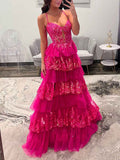 Hot Pink Tiered Prom Dress With Slit And Sparkling Floral Embroidery
