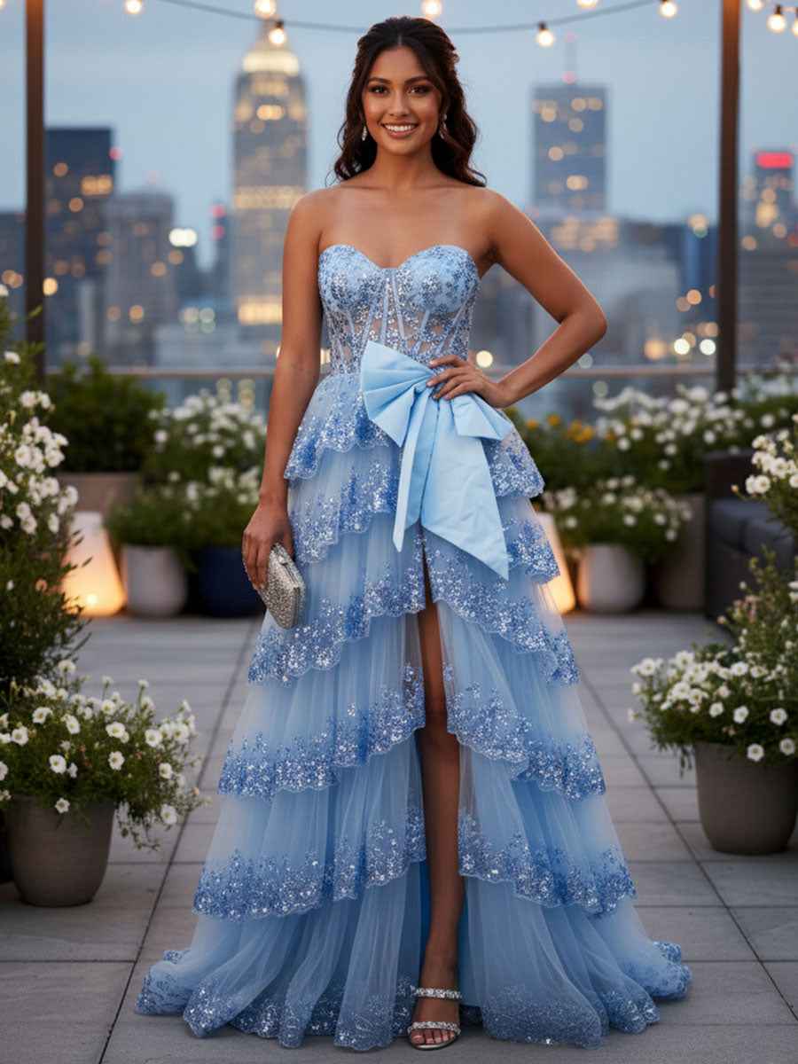 Blue Strapless Prom Dress With Tiered Tulle Skirt And Sequined Mesh Bodice
