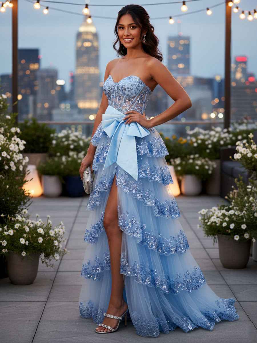 Blue Strapless Prom Dress With Tiered Tulle Skirt And Sequined Mesh Bodice