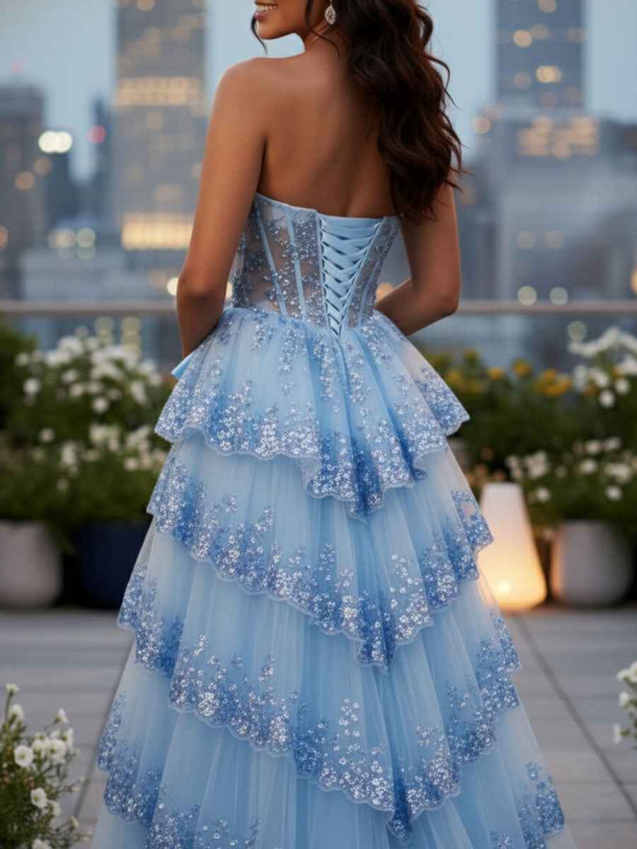 Blue Strapless Prom Dress With Tiered Tulle Skirt And Sequined Mesh Bodice