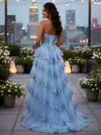 Blue Strapless Prom Dress With Tiered Tulle Skirt And Sequined Mesh Bodice