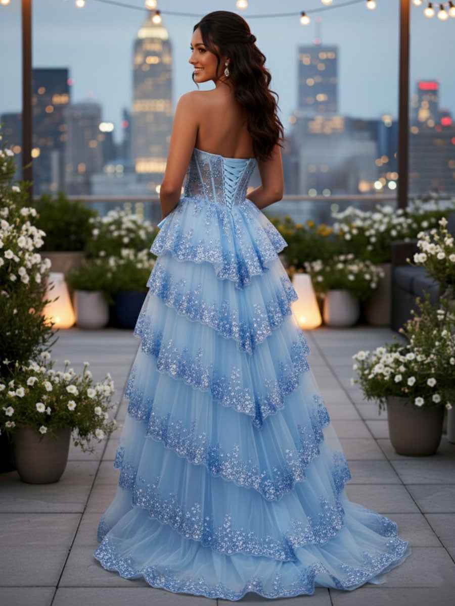 Blue Strapless Prom Dress With Tiered Tulle Skirt And Sequined Mesh Bodice