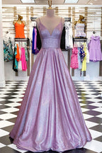 Vestidos de cerimónia cintilantes lavanda em linha A com decote em V e alças finas, vestido de noite