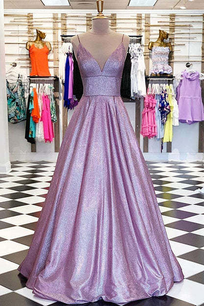 Sparkly Lavender A-line V-neck Spaghetti Straps Prom Dresses, Evening Dress