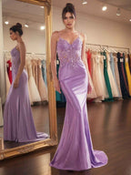 Lavender Glitter Corset Prom Dress With Asymmetrical Applique Bodice
