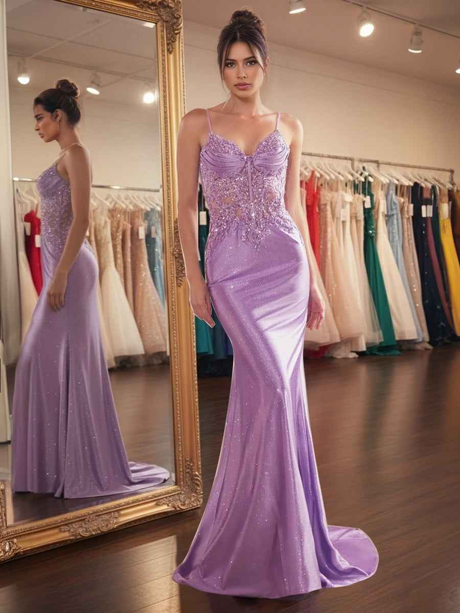 Lavender Glitter Corset Prom Dress With Asymmetrical Applique Bodice