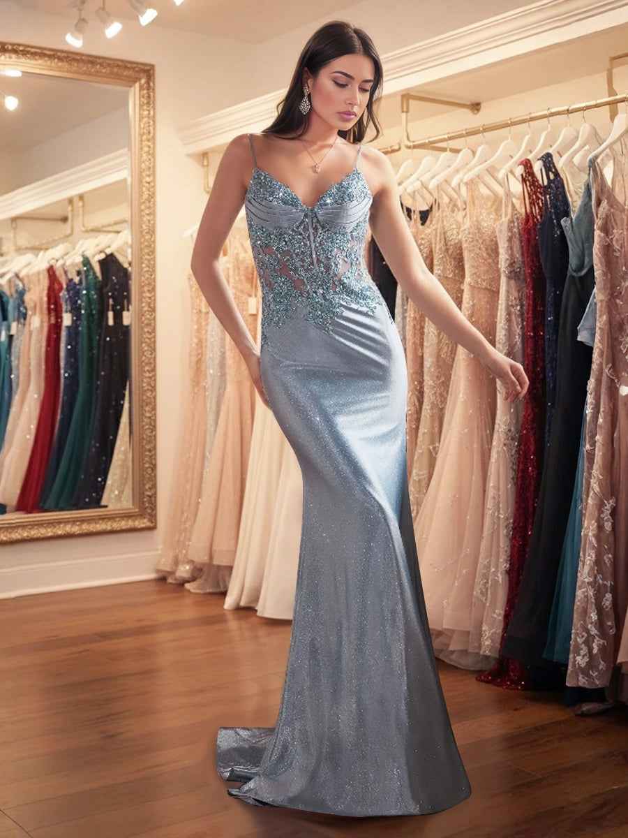 Lavender Glitter Corset Prom Dress With Asymmetrical Applique Bodice