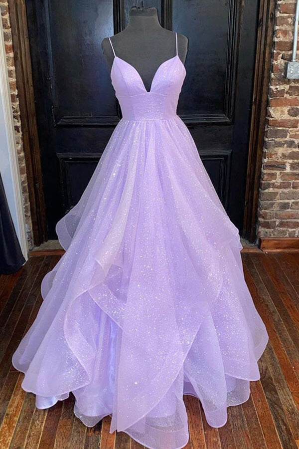 Robes de bal princesse en tulle lavande étincelant à volants en ligne A, robe de soirée