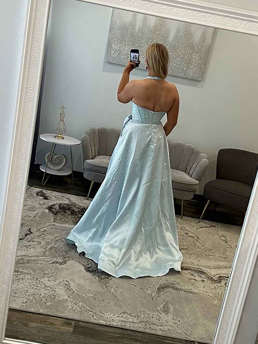 Light Blue Sparkly Corset Prom Dress With Deep V Neck
