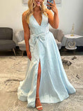 Light Blue Sparkly Corset Prom Dress With Deep V Neck