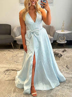 Light Blue Sparkly Corset Prom Dress With Deep V Neck
