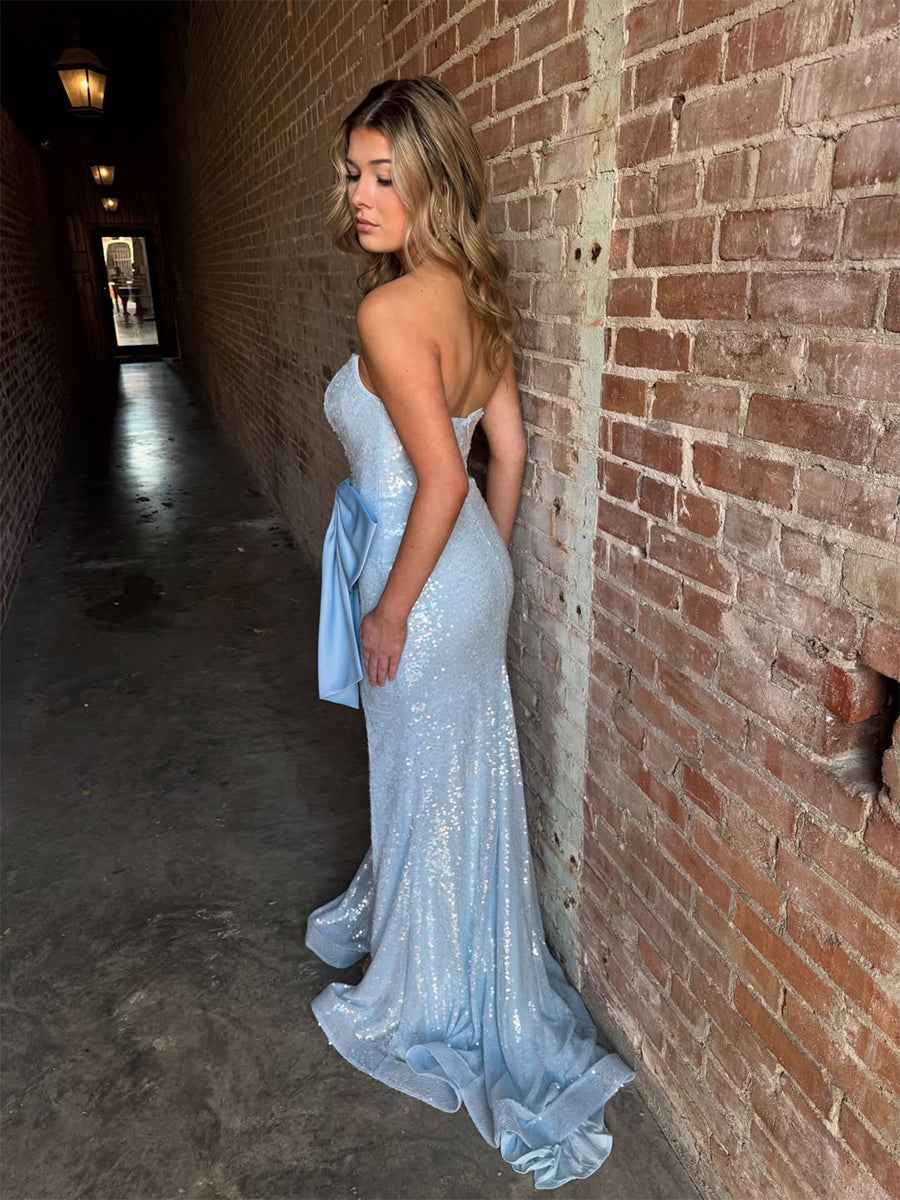 Sparkly Light Blue Sequin Strapless Long Prom Dress