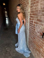 Sparkly Light Blue Sequin Strapless Long Prom Dress
