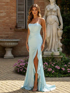 Sparkly Light Blue Strapless Corset Prom Dress Ruffle Slit