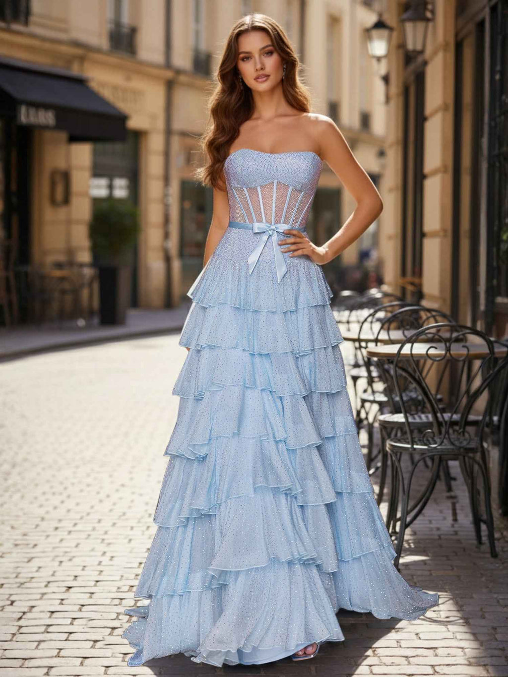 Light Blue Strapless Corset Prom Dress With Tiered Ruffles And Slit