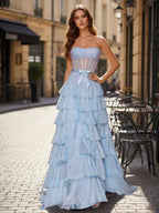 Light Blue Strapless Corset Prom Dress With Tiered Ruffles And Slit