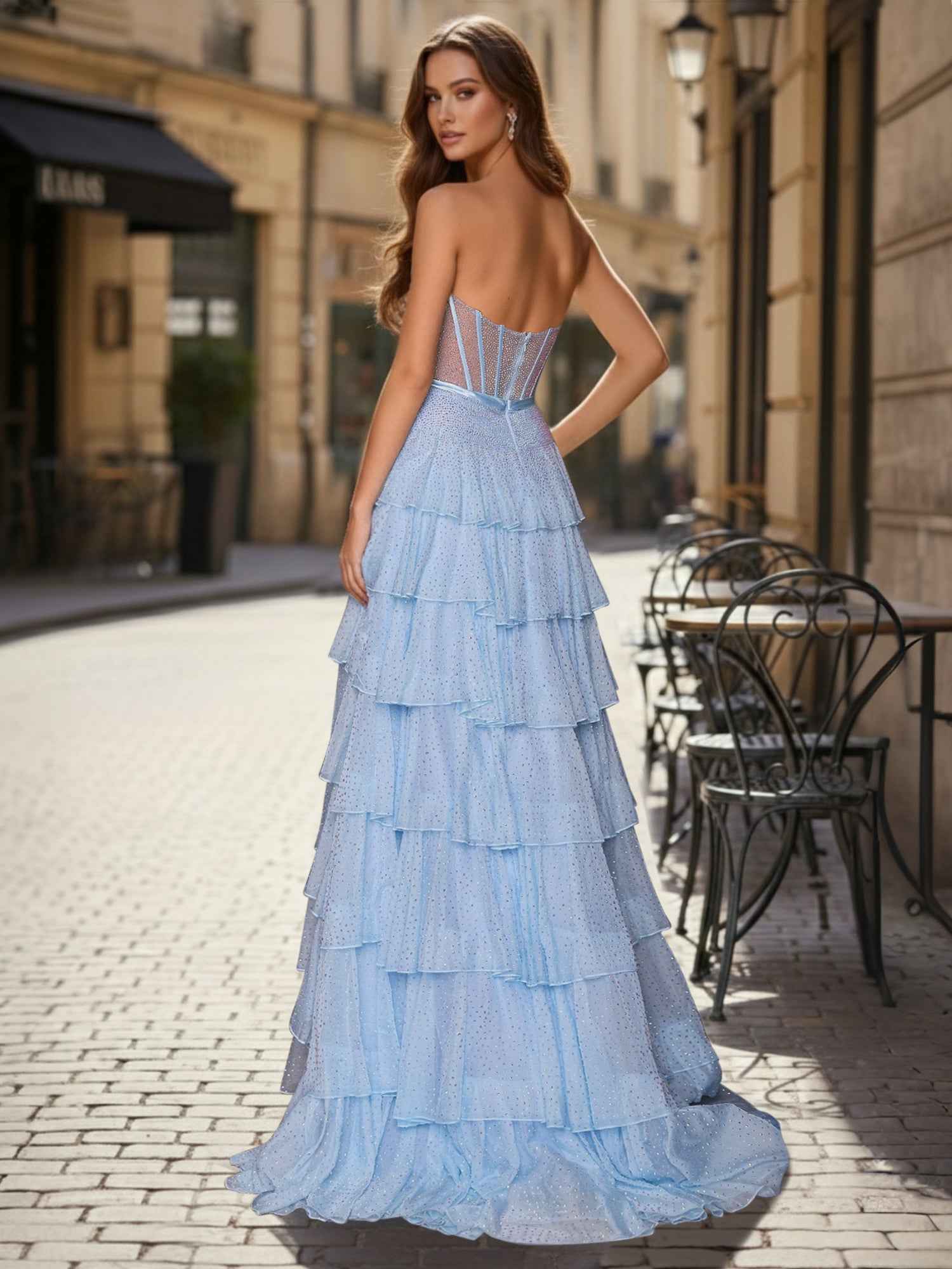 Light Blue Strapless Corset Prom Dress With Tiered Ruffles And Slit