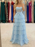 Light Blue Strapless Corset Prom Dress With Tiered Ruffles And Slit