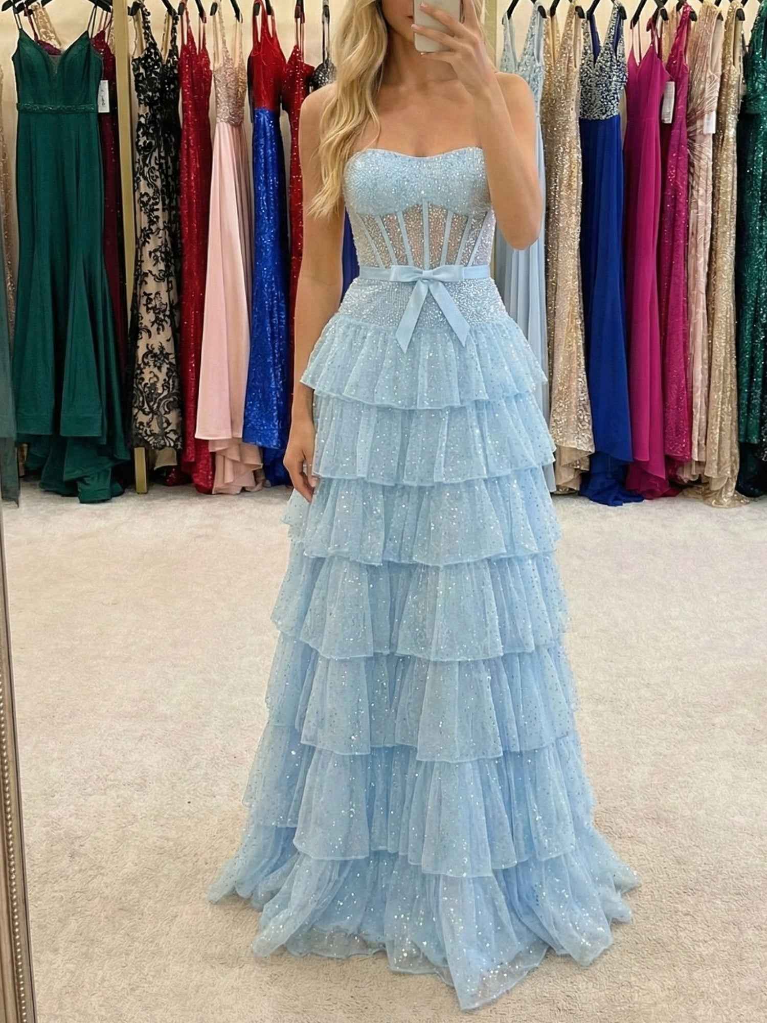 Light Blue Strapless Corset Prom Dress With Tiered Ruffles And Slit
