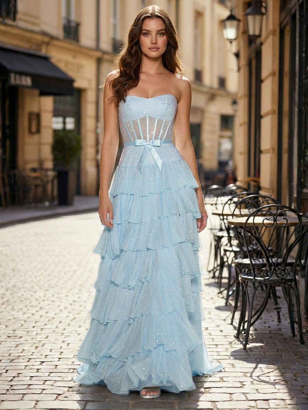 Light Blue Strapless Corset Prom Dress With Tiered Ruffles And Slit
