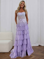 Sparkly Lilac Strapless Tiered Ruffle Corset Prom Dress With Slit