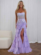 Sparkly Lilac Strapless Tiered Ruffle Corset Prom Dress With Slit