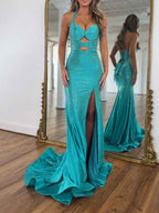 Turquoise Sequin Mermaid Prom Dress Keyhole Halter Beaded Slit
