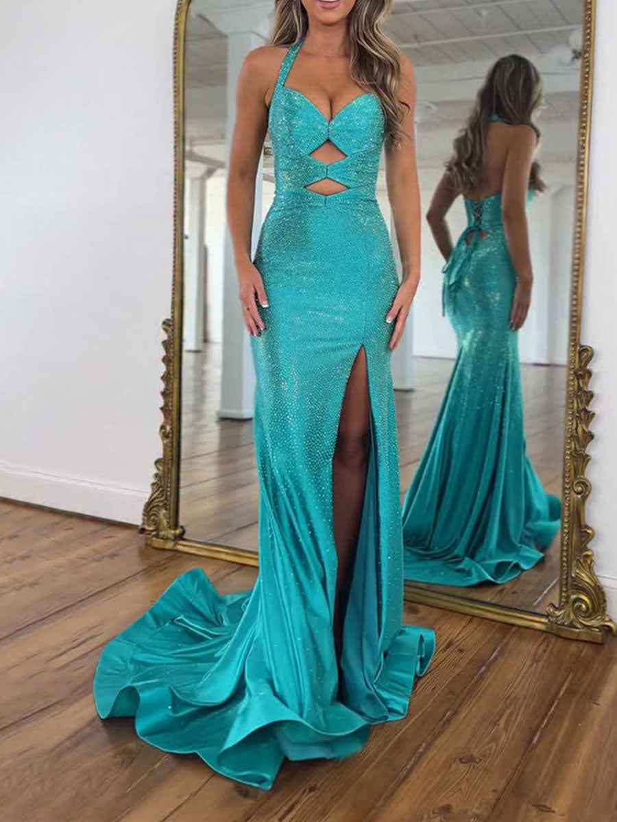 Turquoise Sequin Mermaid Prom Dress Keyhole Halter Beaded Slit