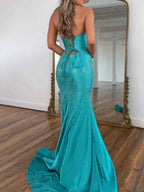 Turquoise Sequin Mermaid Prom Dress Keyhole Halter Beaded Slit