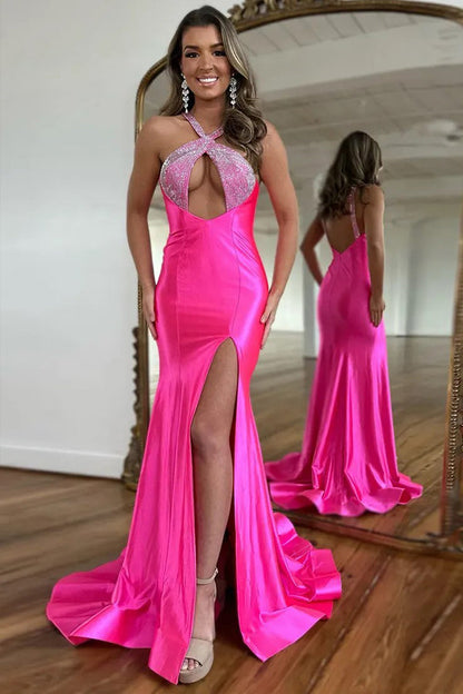 Vestido de fiesta largo plateado de sirena brillante con cuentas