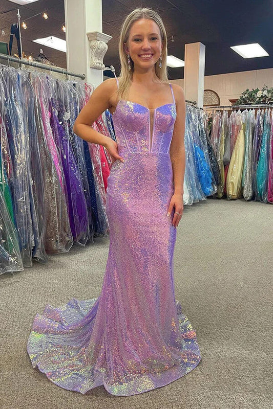 Vestidos de fiesta largos con escote en V y tirantes finos de sirena brillante con cola