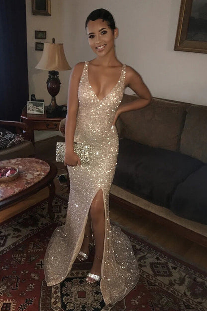 Sparkly Mermaid V-Neck Sleeveless Sequins Long Prom Dresses
