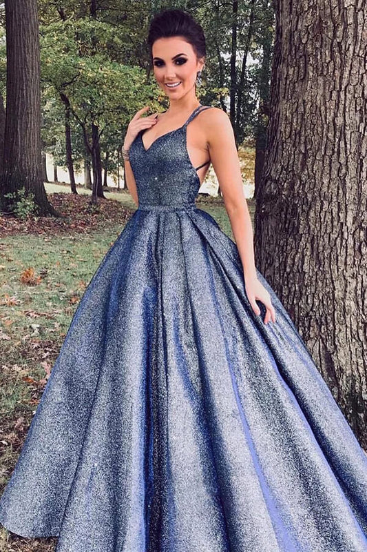Vestidos de fiesta con escote en V y brillantes en azul marino, vestidos largos formales