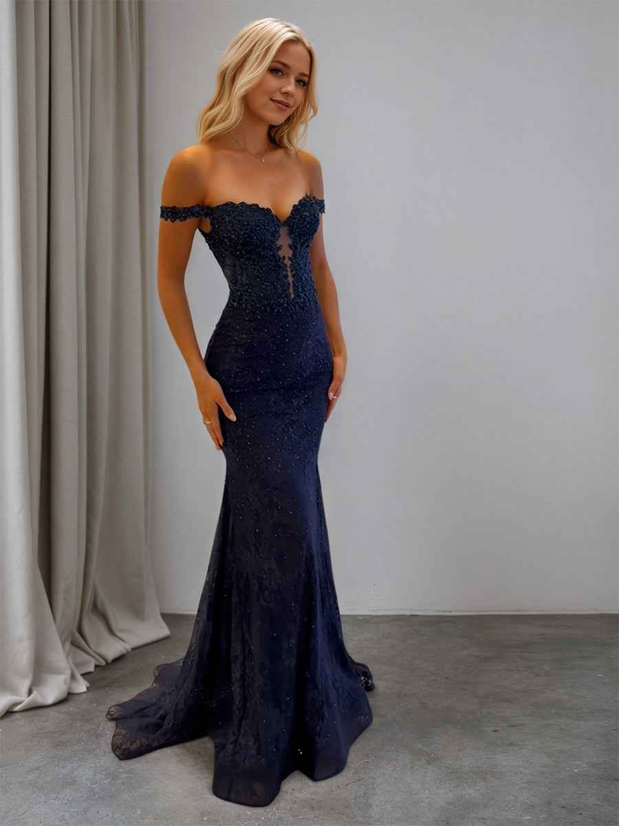 Navy Off The Shoulder Mermaid Corset Prom Dress Sparkly Long Gown