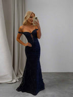 Navy Off The Shoulder Mermaid Corset Prom Dress Sparkly Long Gown