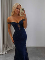 Navy Off The Shoulder Mermaid Corset Prom Dress Sparkly Long Gown